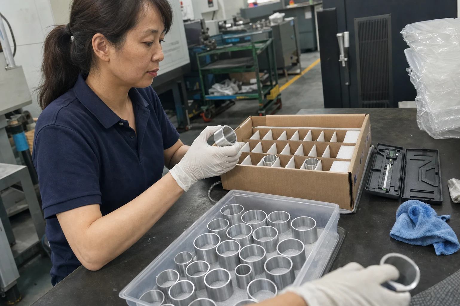 车间质量检验员在包装台旁复测7075铝合金薄壁套筒内外径