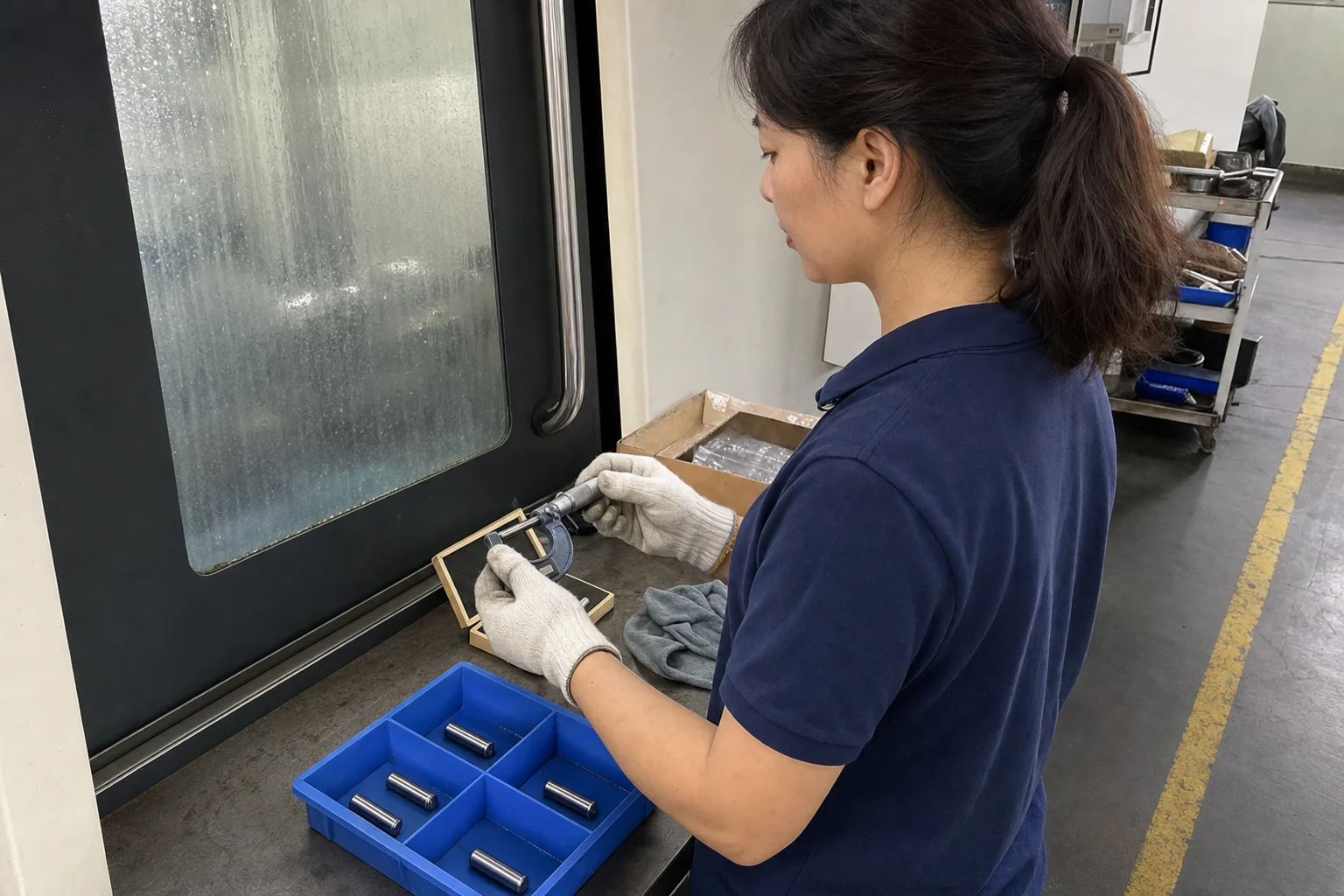 车间质量检验员在料盘旁用千分尺复测45钢精密销轴外径和倒角