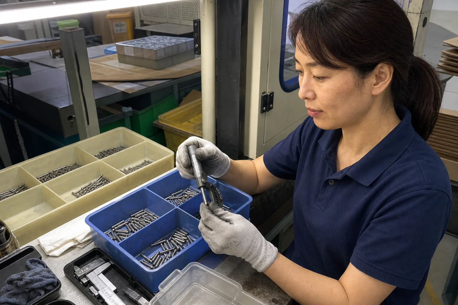 女性操作员在清洗工位复测45钢滚花精密销轴外径并检查切断端
