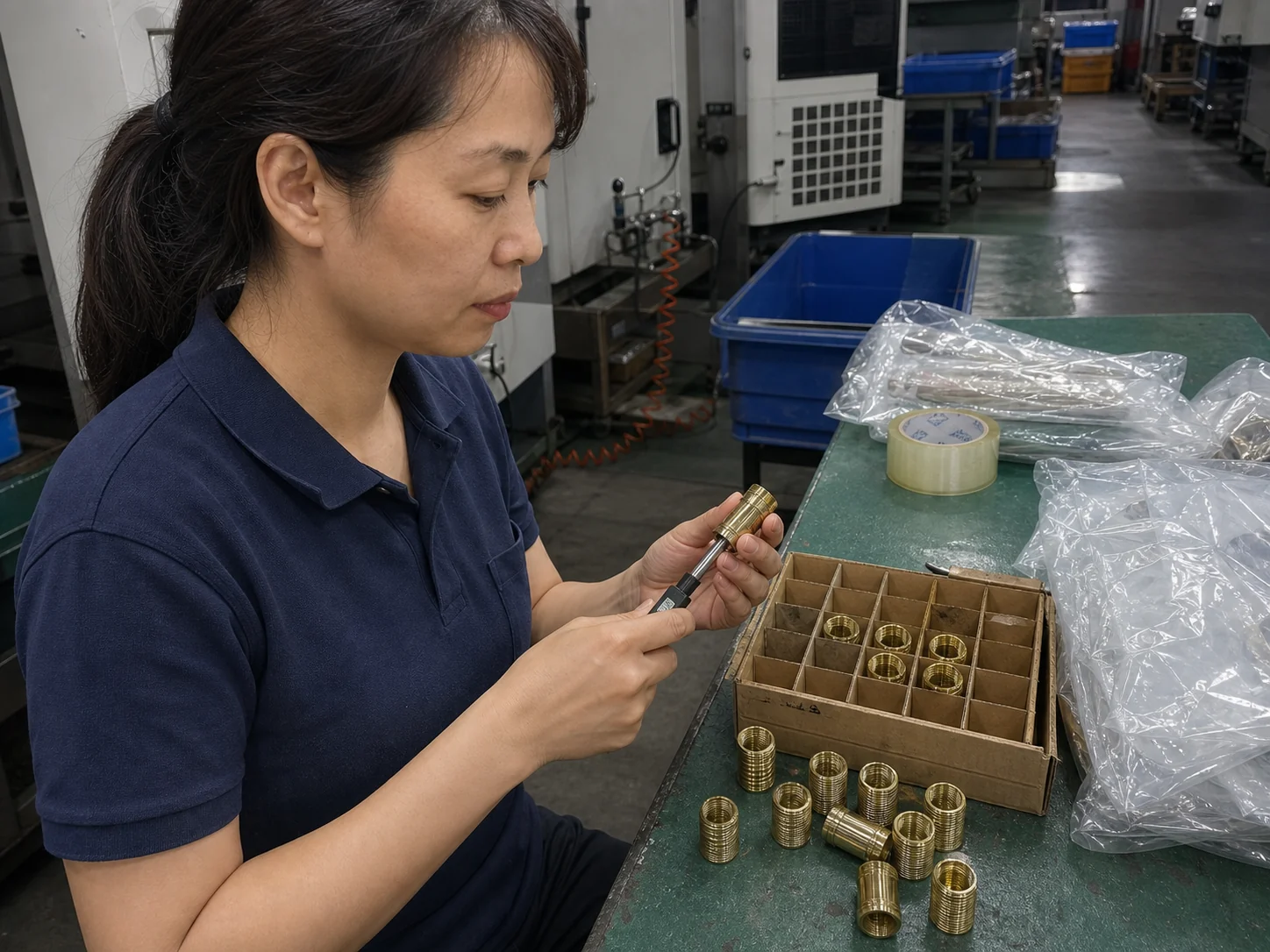 女性操作员在包装台用通止规检查C3604黄铜螺纹套