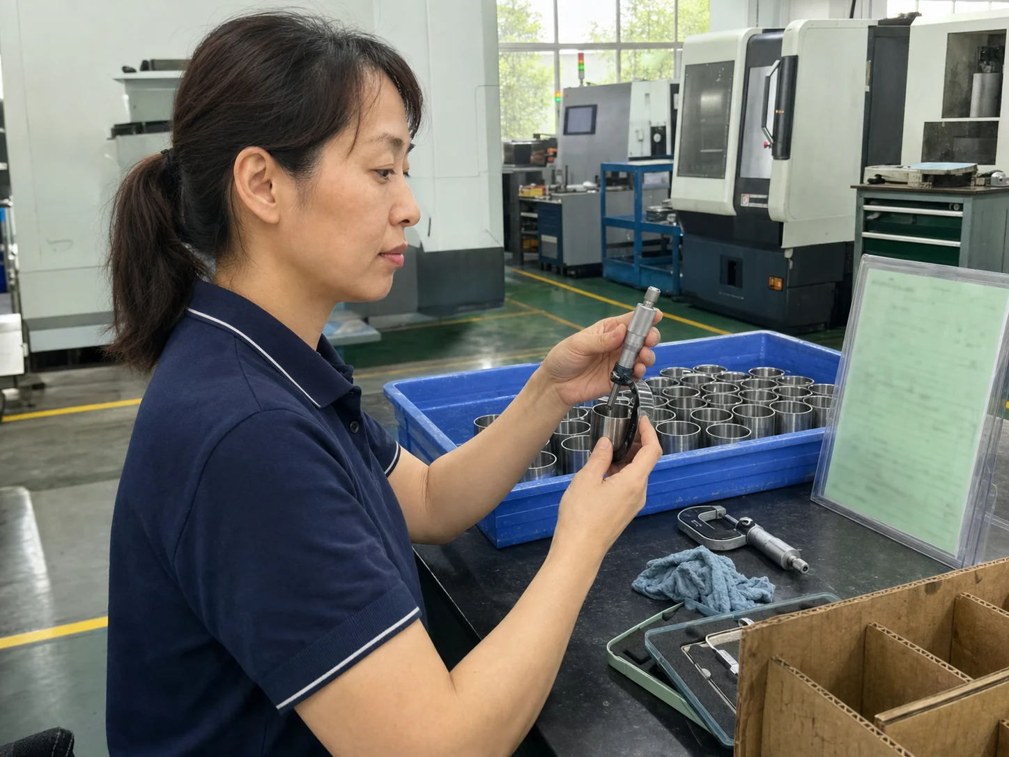 女性操作员在检验台用内径量具检查SUS304薄壁衬套