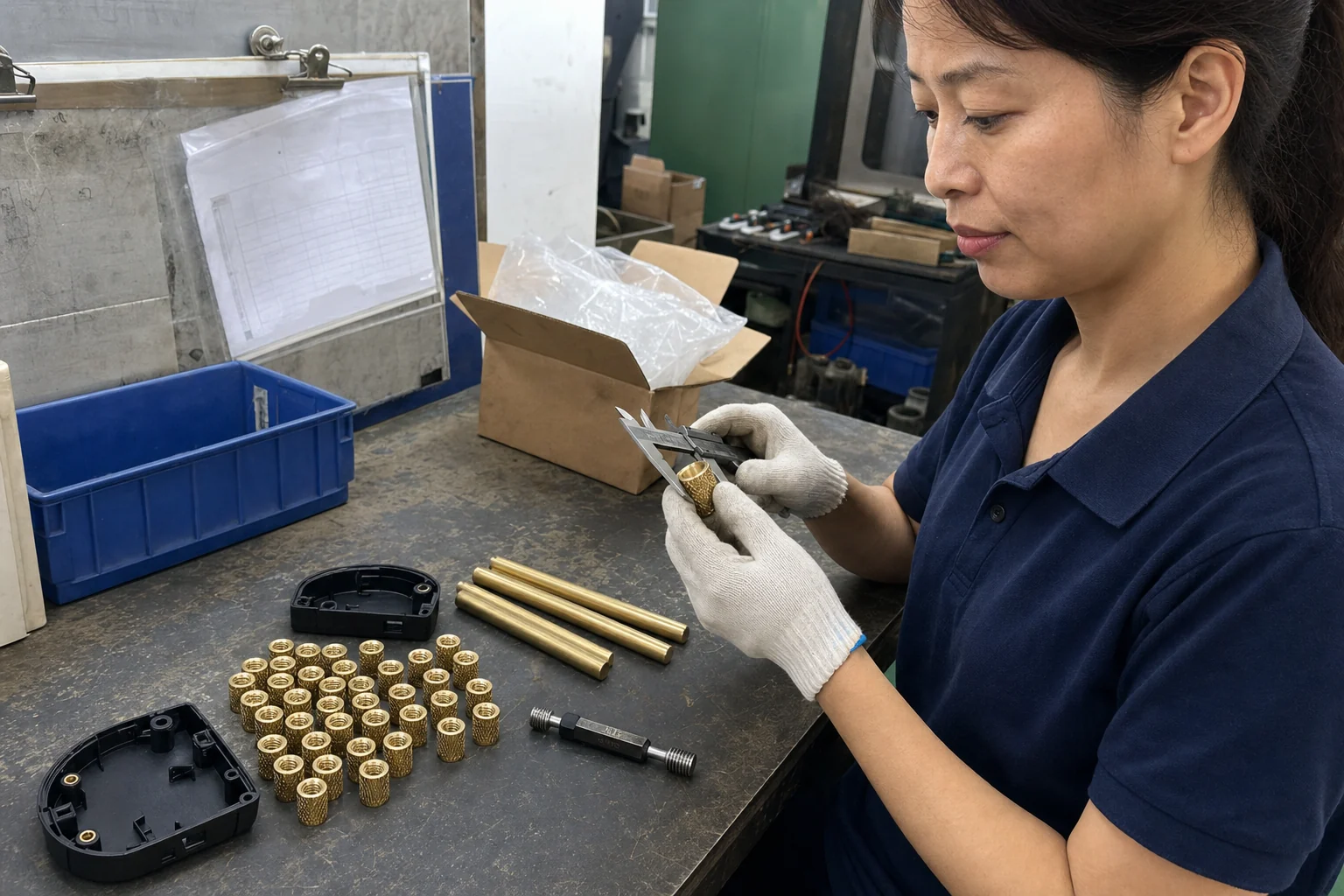 女性操作员在备料区核对滚花铜嵌件与塑胶试装件