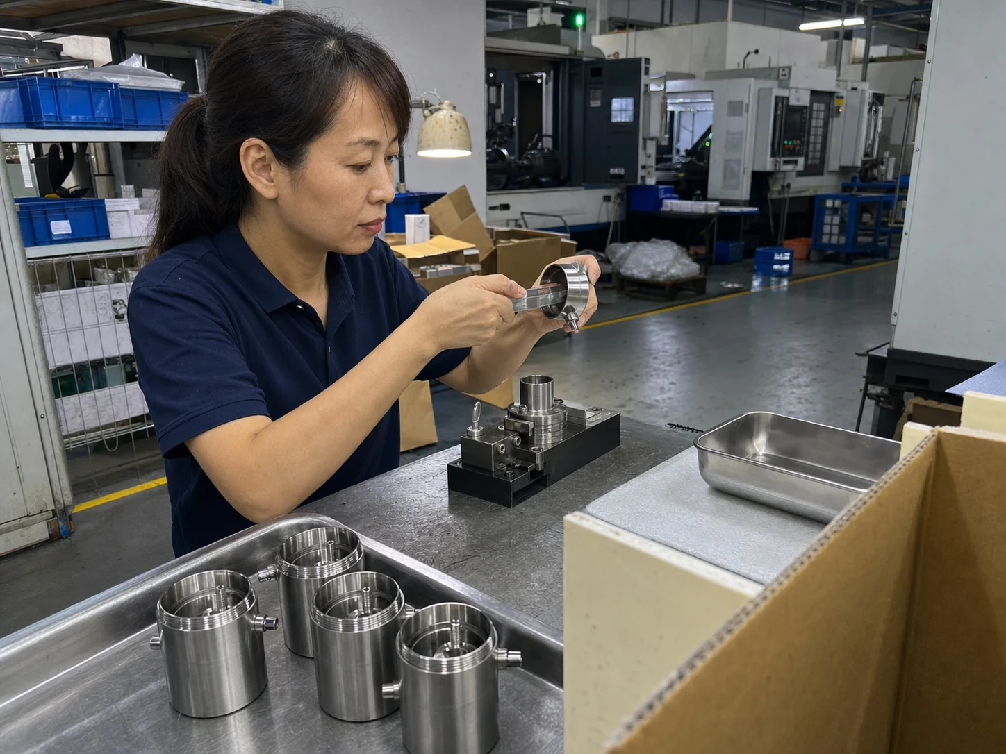 女性工艺技术员在工作台检查SUS316L传感器外壳与装配样件
