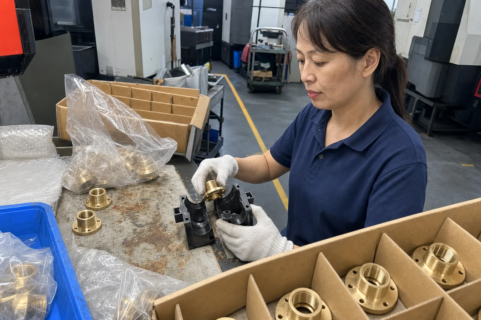 女性操作员在包装台核对法兰铜嵌件与塑胶试装柱