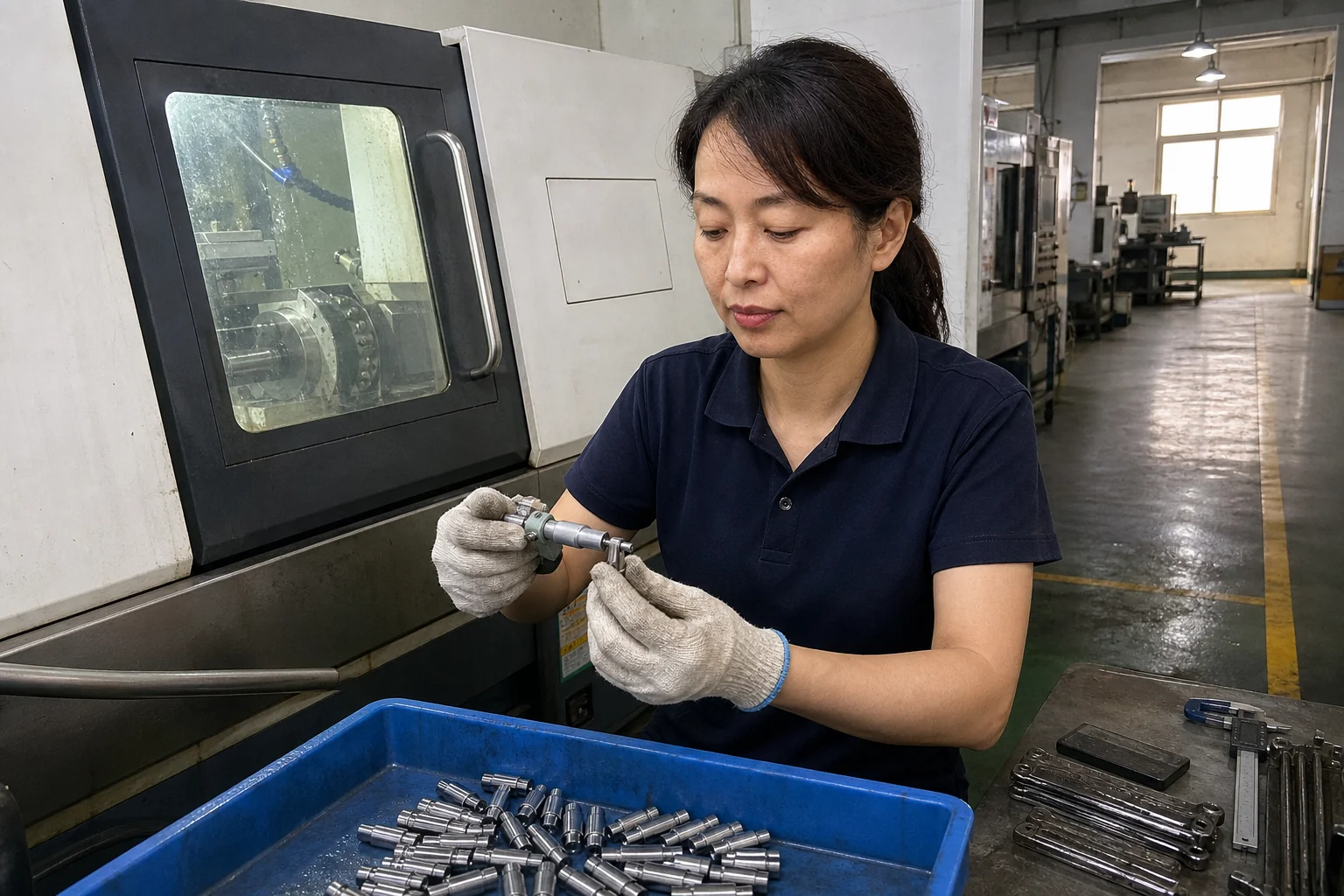 女性操作员在自动车床旁用千分尺复测SUS303定位销