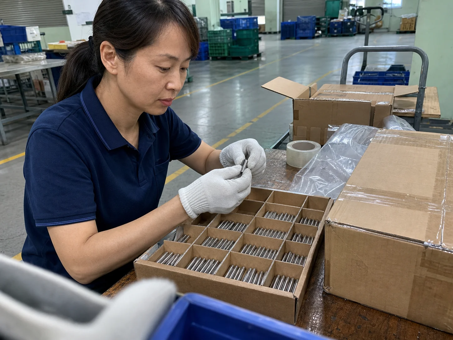 女性质量检验员在发货区检查SUS304精密销轴的隔板包装