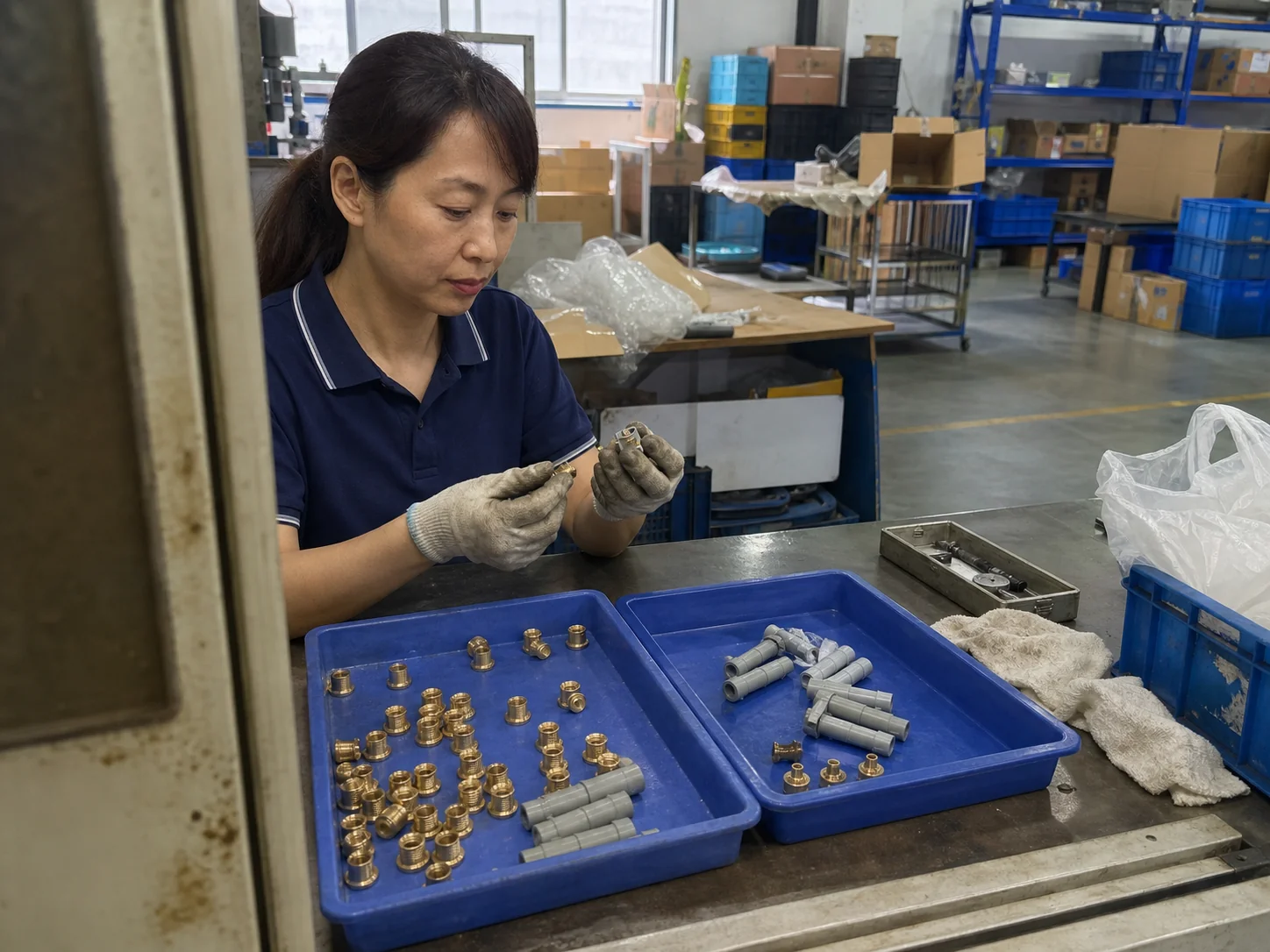 女性工艺技术员对比C3604法兰铜嵌件超声埋入前后的塑胶试装柱