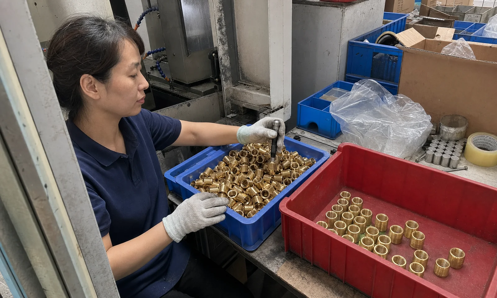 女性质量检验员在巡检台用通止规检查C3604黄铜螺纹套