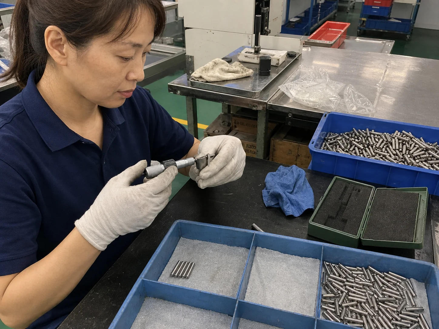 女性质量检验员在检验台用千分尺复测SUS304精密销轴外径
