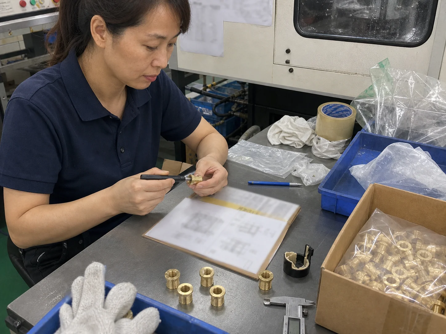 女性质量检验员对照图纸用通止规检查H59法兰铜嵌件内螺纹