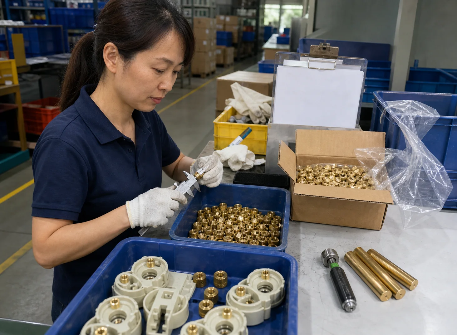 女性工艺技术员在备料台核对C3604黄铜棒料、滚花注塑铜螺母和塑胶试装件
