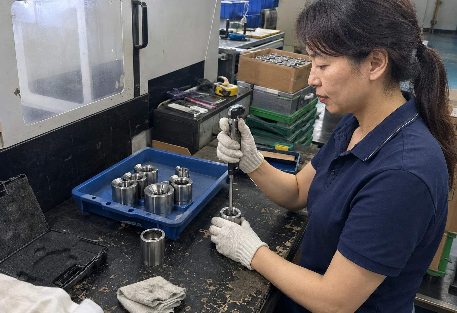 女性质量检验员在首件检验台复测SUS304不锈钢衬套内孔